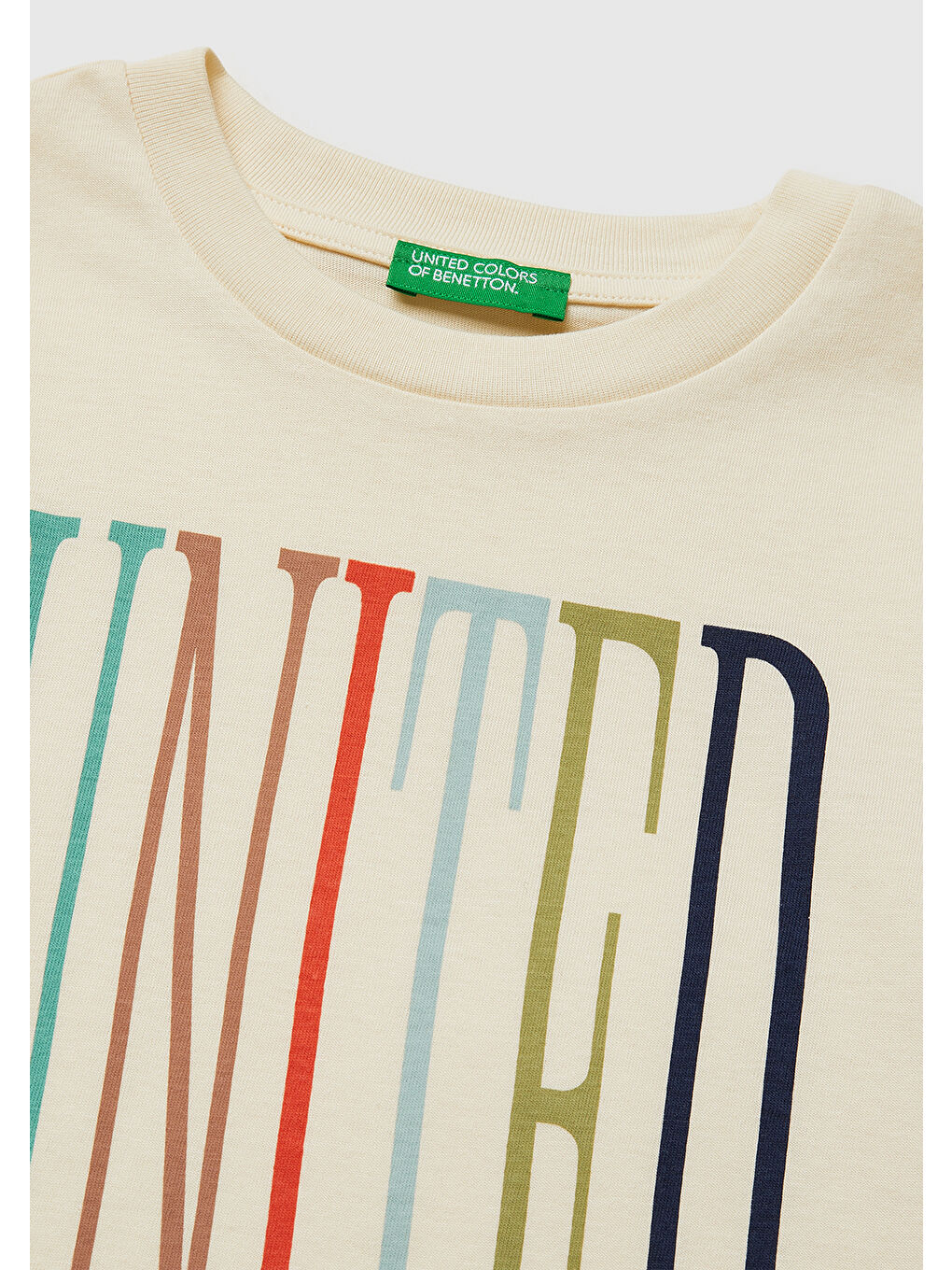 Ekru Erkek Çocuk Krem Önü Logo Baskılı Bisiklet Yaka T-Shirt-2