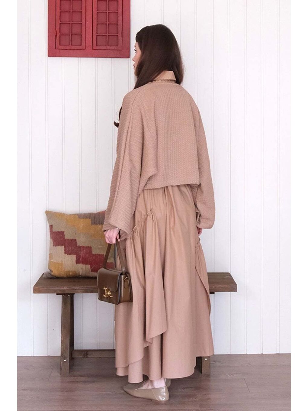 Bej Karamel Yarasa Kol Triko Crop Karamel Kat Detay Bohem Etek-6