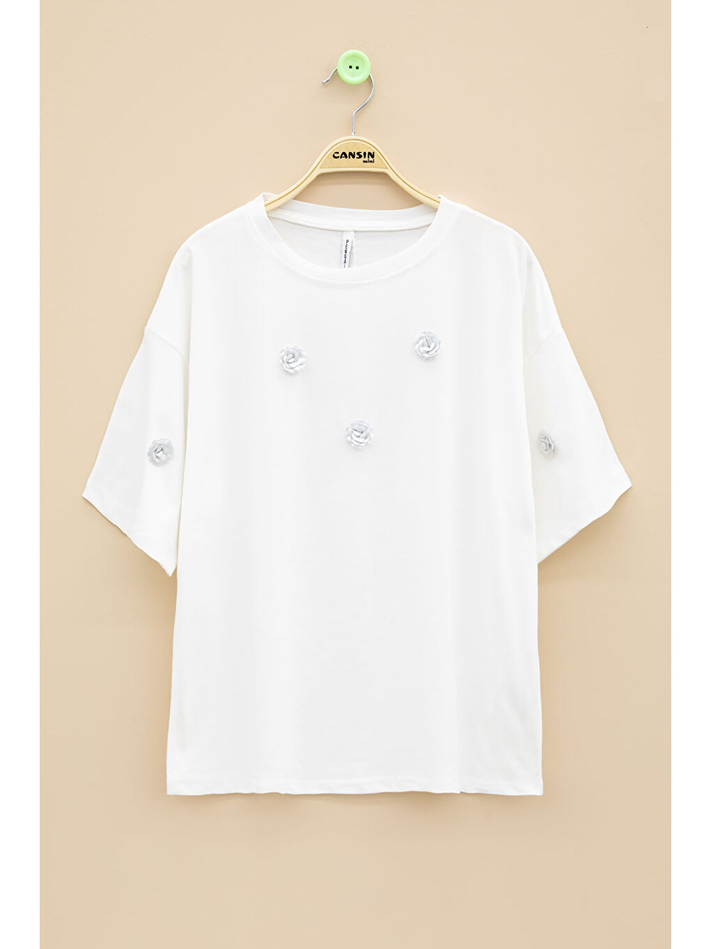 Ekru Gül Nakış Detaylı Kısa Kol Kız Çocuk Oversize Tişört 20809