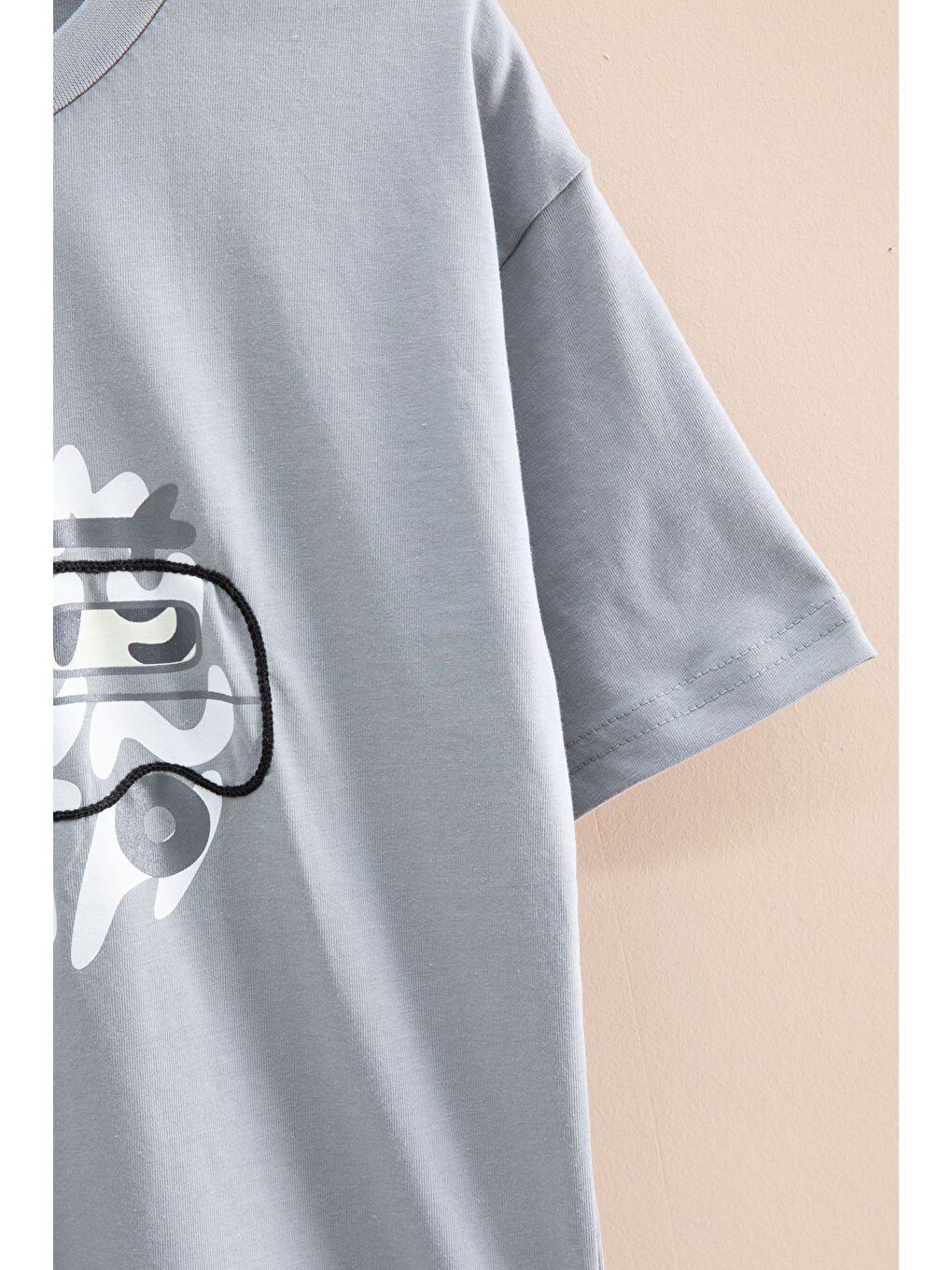 Gri Füme Araba Baskılı Bisiklet Yaka Erkek Çocuk Kısa Kol Tişört 20923-2