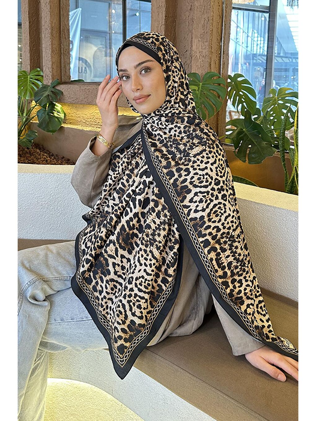 Leopar Desen Bambu Şal Siyah Bej-1