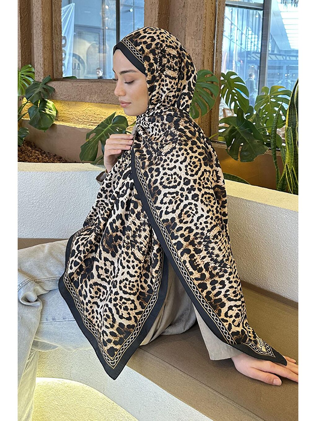 Leopar Desen Bambu Şal Siyah Bej-2