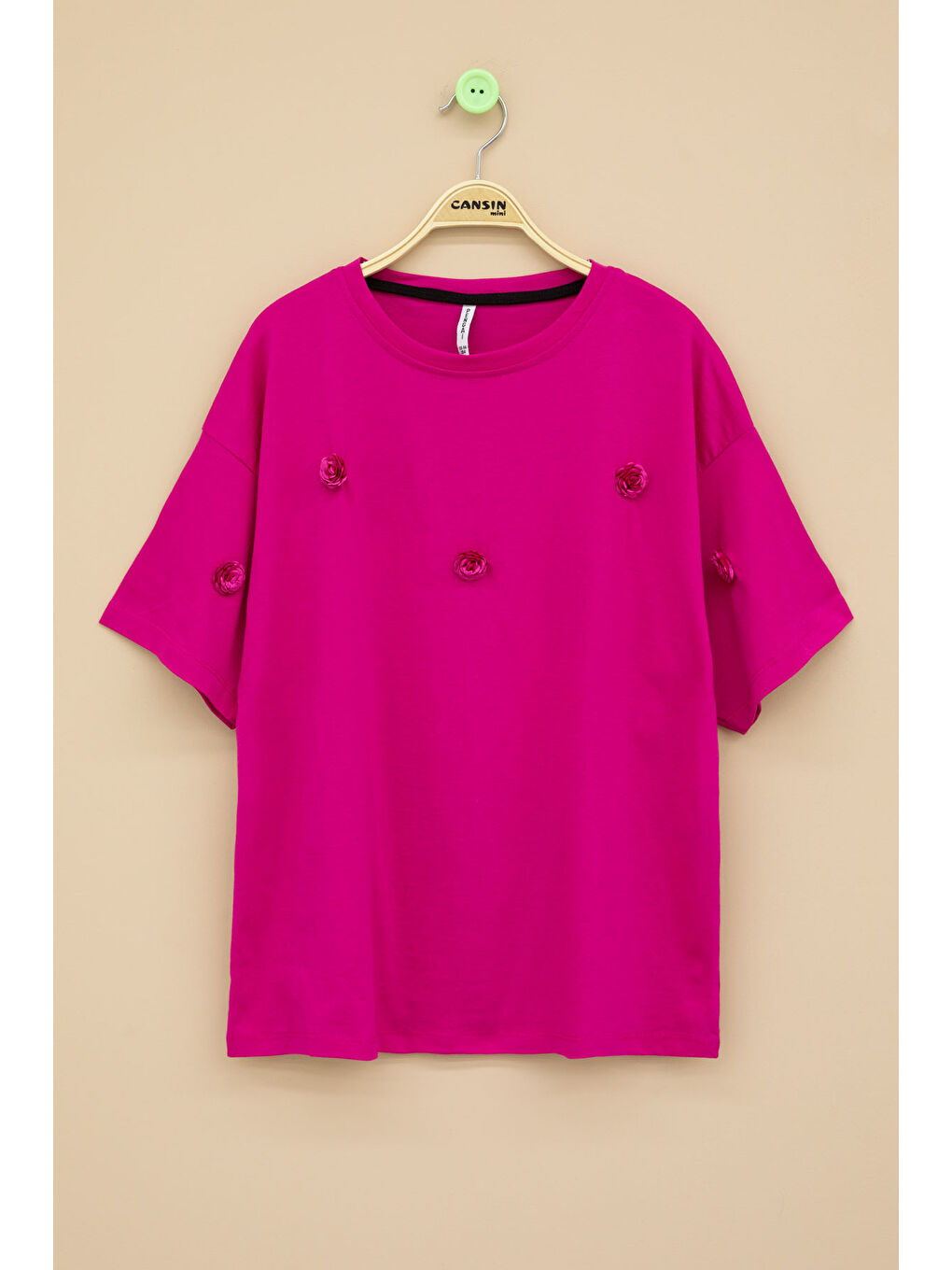 Fuşya Gül Nakış Detaylı Kısa Kol Kız Çocuk Oversize Tişört 20806