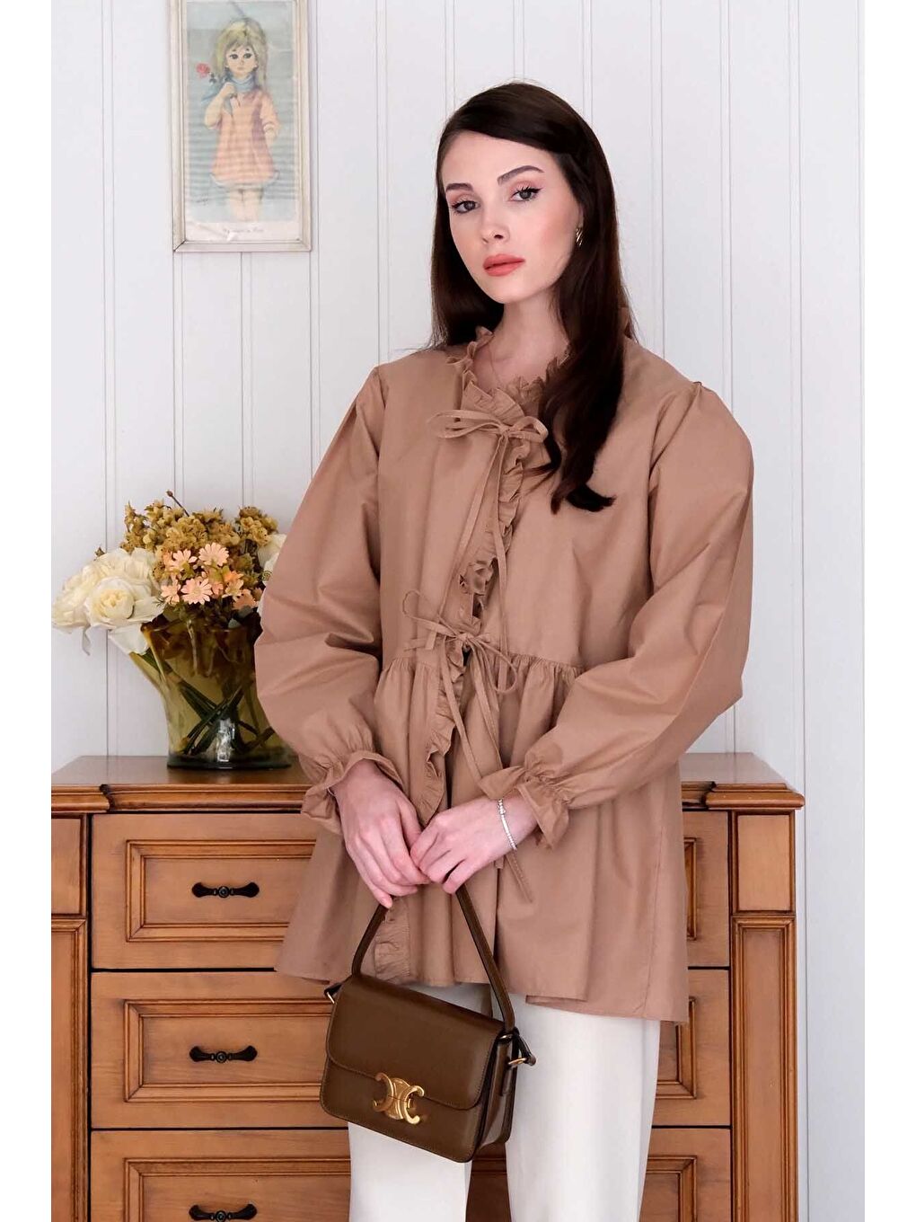 Karışık Karamel Fırfırlı Bağlamalı Tunik-1