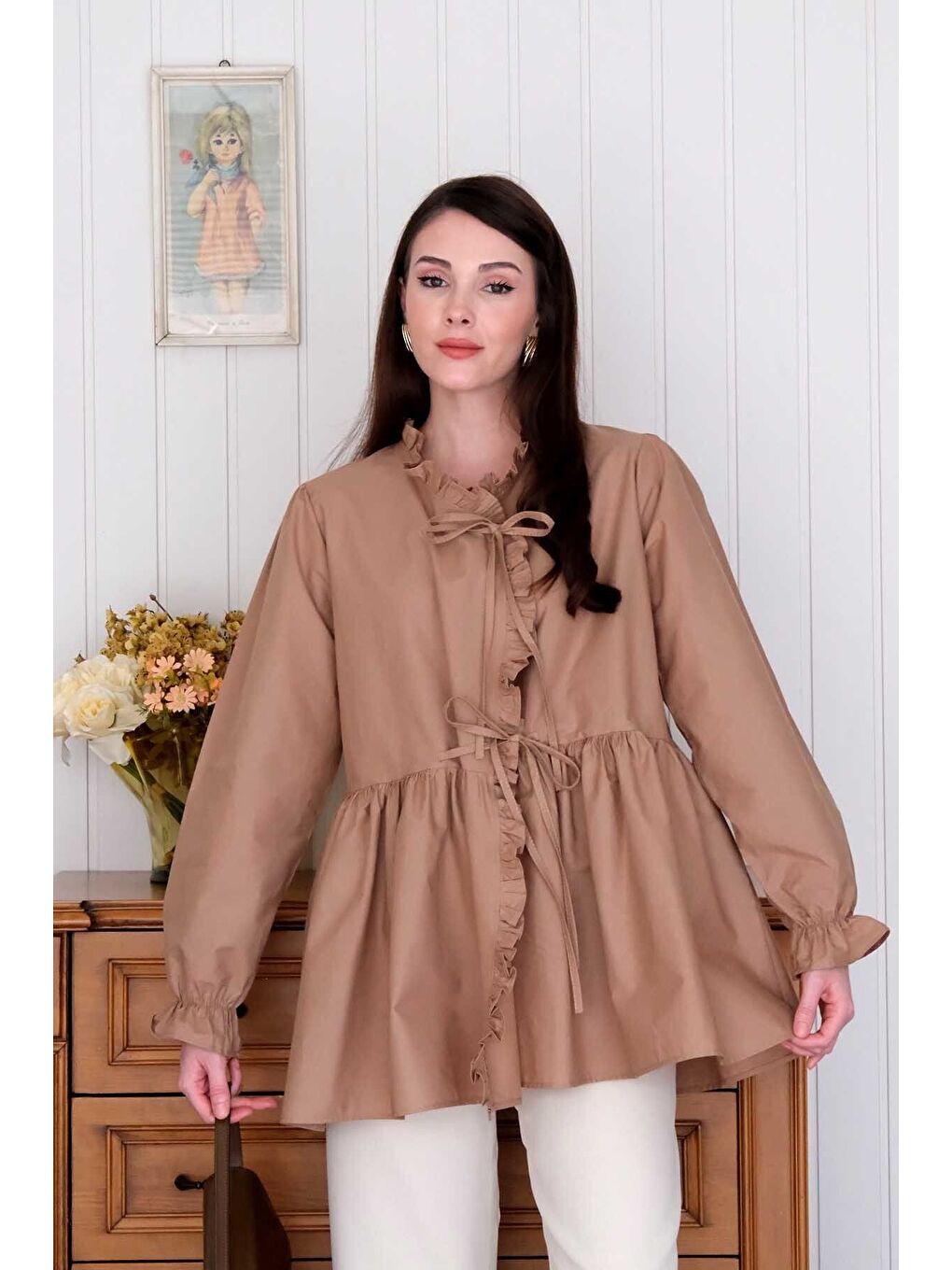 Karışık Karamel Fırfırlı Bağlamalı Tunik-2