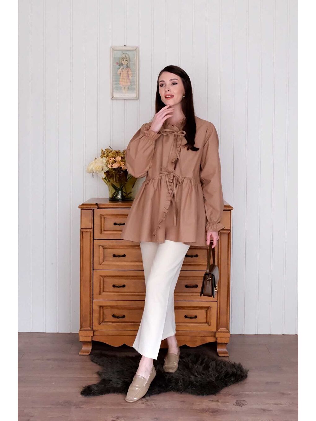 Karışık Karamel Fırfırlı Bağlamalı Tunik-4