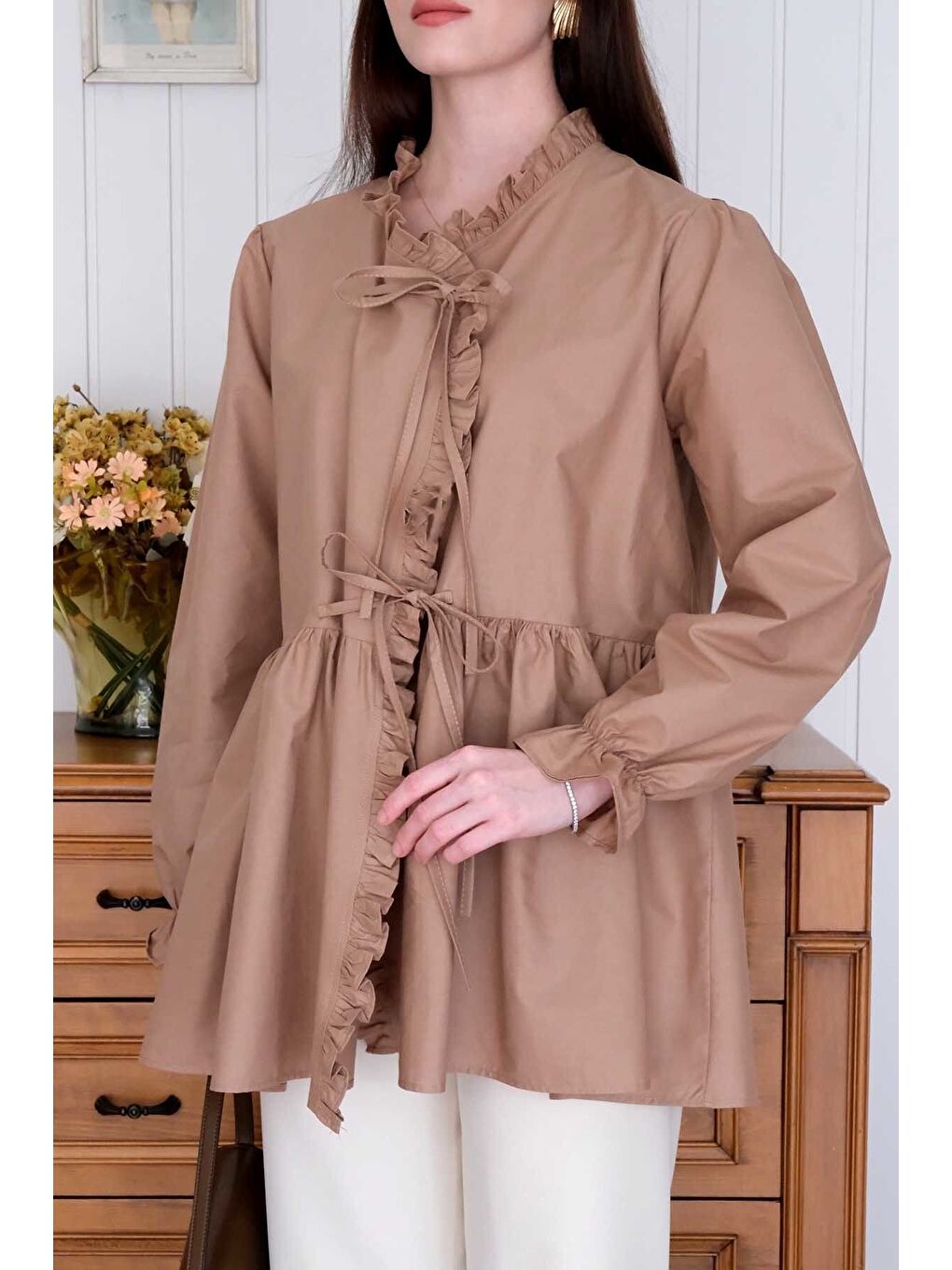 Karışık Karamel Fırfırlı Bağlamalı Tunik-6