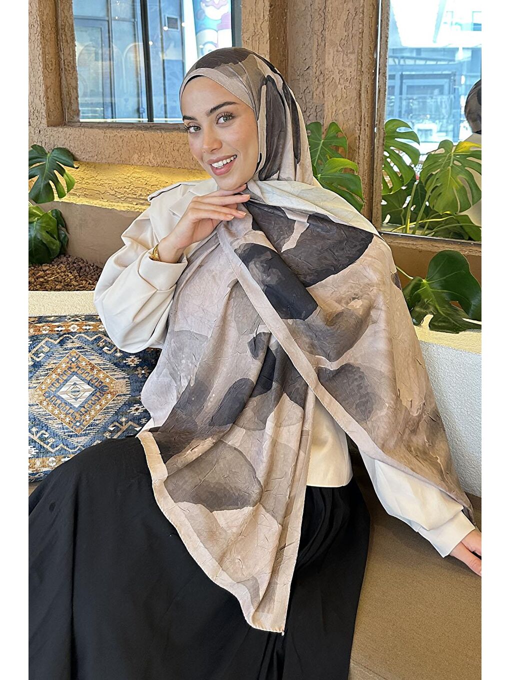 Bej Yaprak Desen Bambu Şal Vizonrengi-1