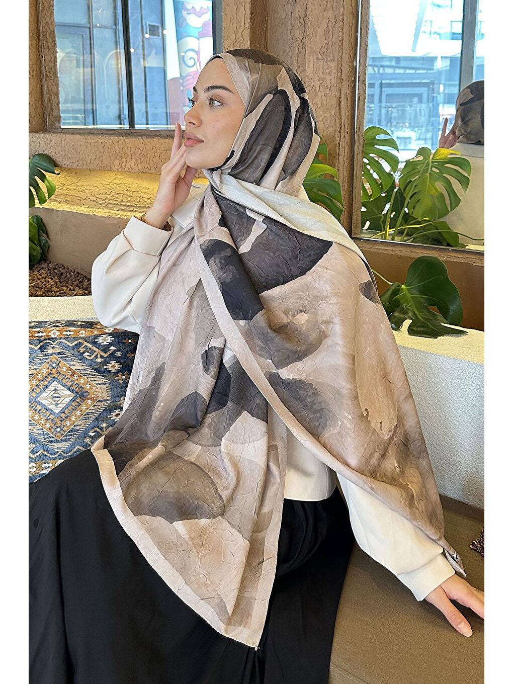 Bej Yaprak Desen Bambu Şal Vizonrengi-2