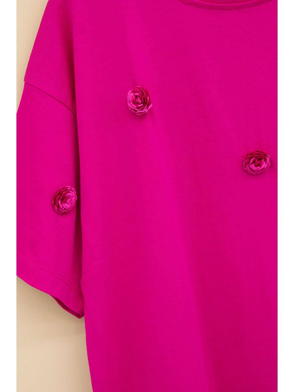 Fuşya Gül Nakış Detaylı Kısa Kol Kız Çocuk Oversize Tişört 20806-3