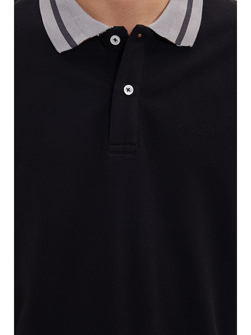 Erkek Slim Fit Dar Kesim %100 Pamuk Düz Pike Yaka Ve Kol Detaylı Siyah Polo Yaka Tişört-4
