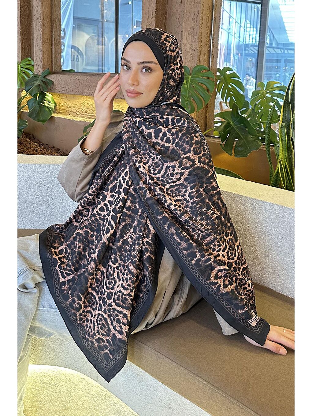 Leopar Desen Bambu Şal Siyah Kahverengi-1