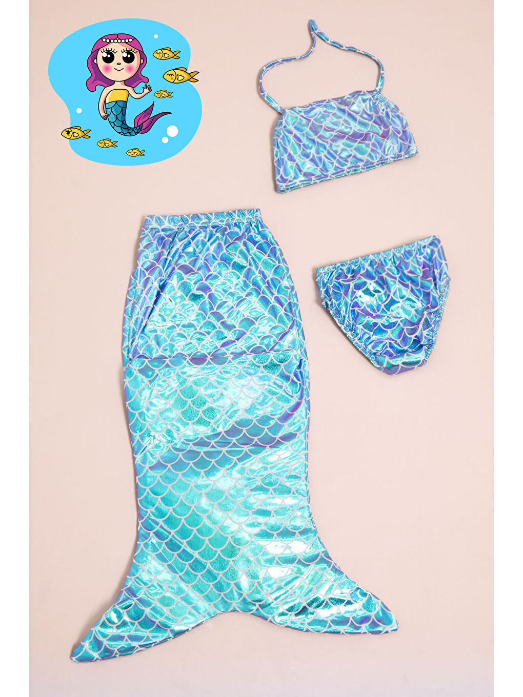 Kız Çocuk Mavi Pullu Desenli 3lü Deniz Kızı Mayo Takımı 21131