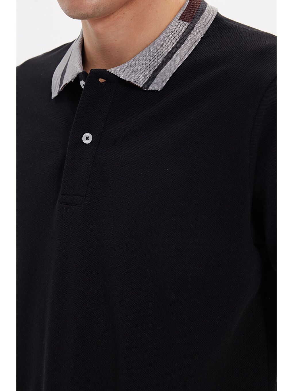 Erkek Slim Fit Dar Kesim %100 Pamuk Düz Pike Yaka Ve Kol Detaylı Siyah Polo Yaka Tişört-5