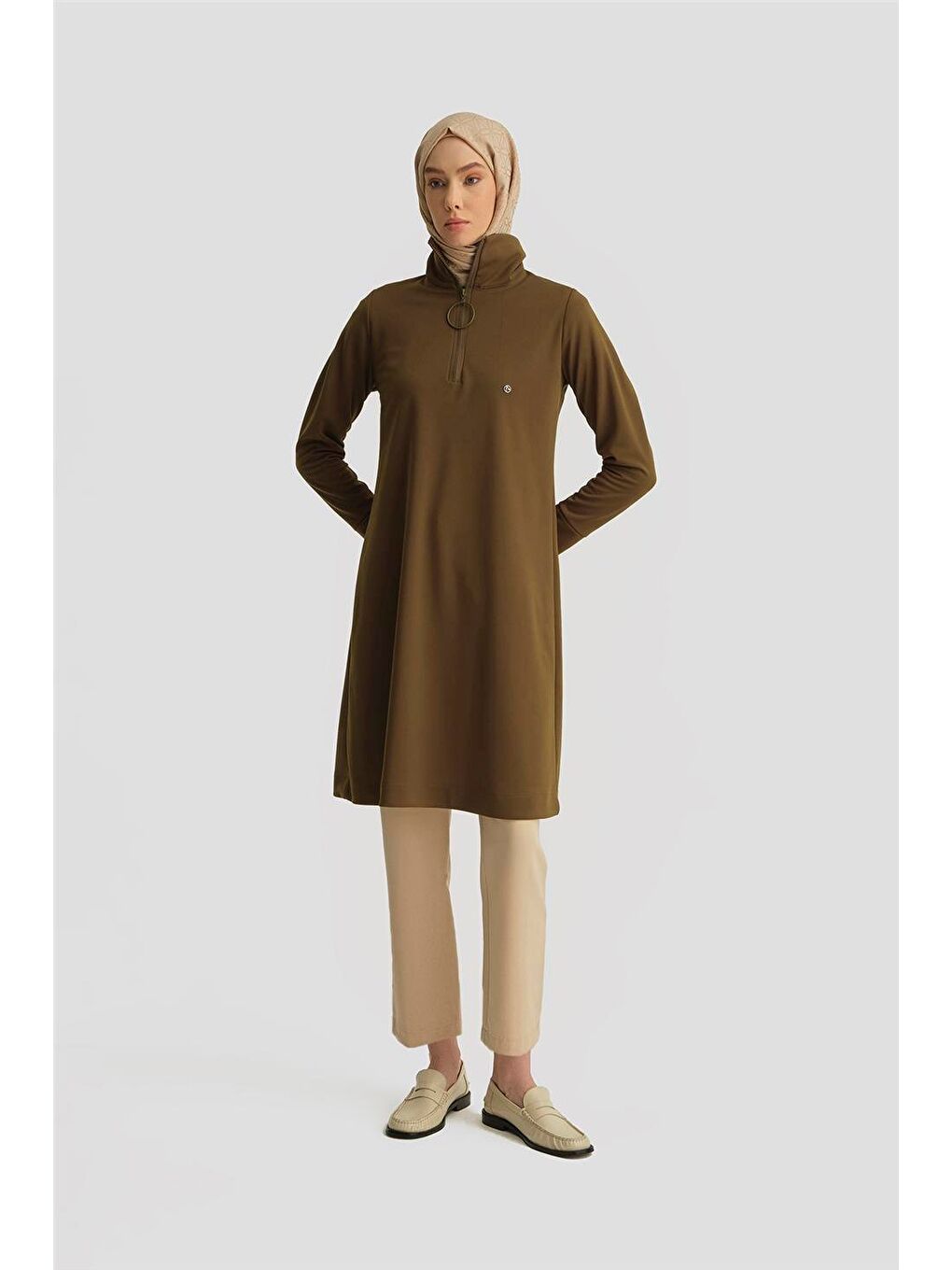 Fermuarlı Dik Yakalı Tesettür Sweatshirt Tunik 25Ytd436 Yağ Yeşili-1