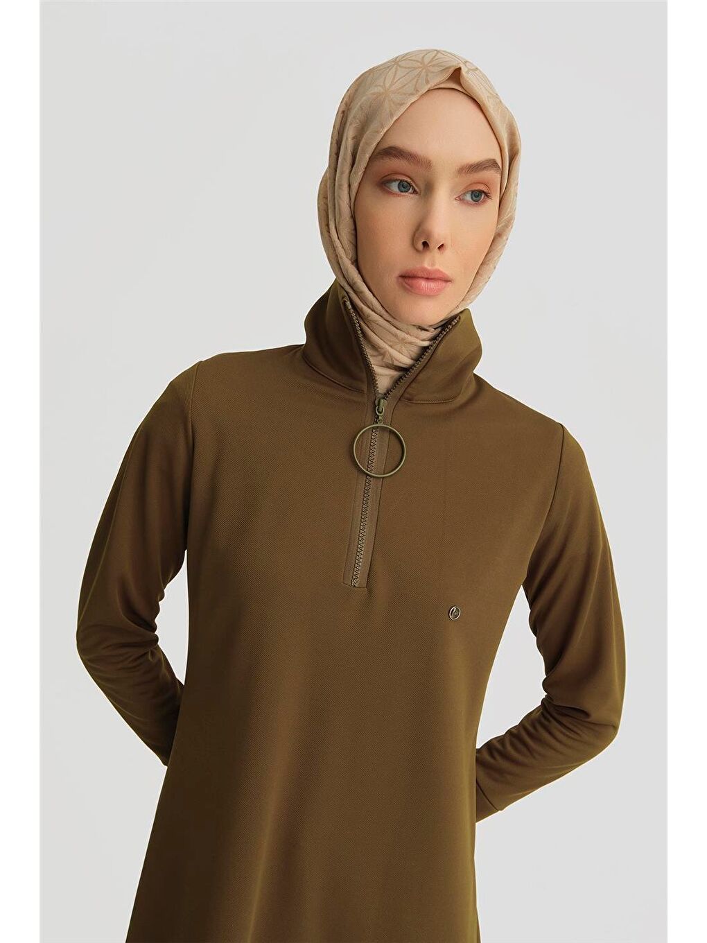 Fermuarlı Dik Yakalı Tesettür Sweatshirt Tunik 25Ytd436 Yağ Yeşili-2