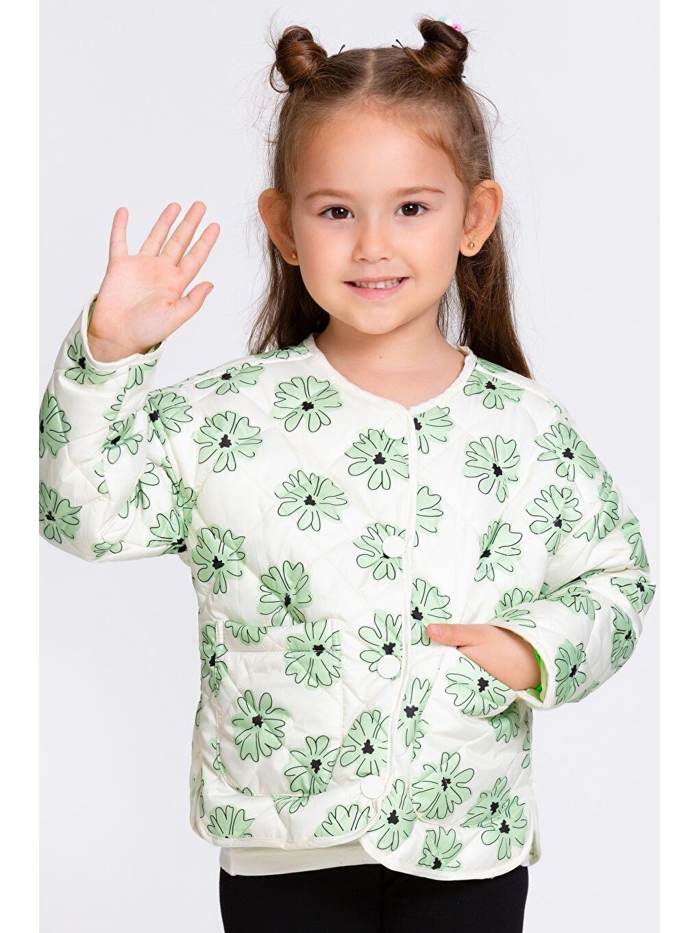 Kız Çocuk Yeşil Çiçek Desenli 1-6 Yaş Mont - 23238-4