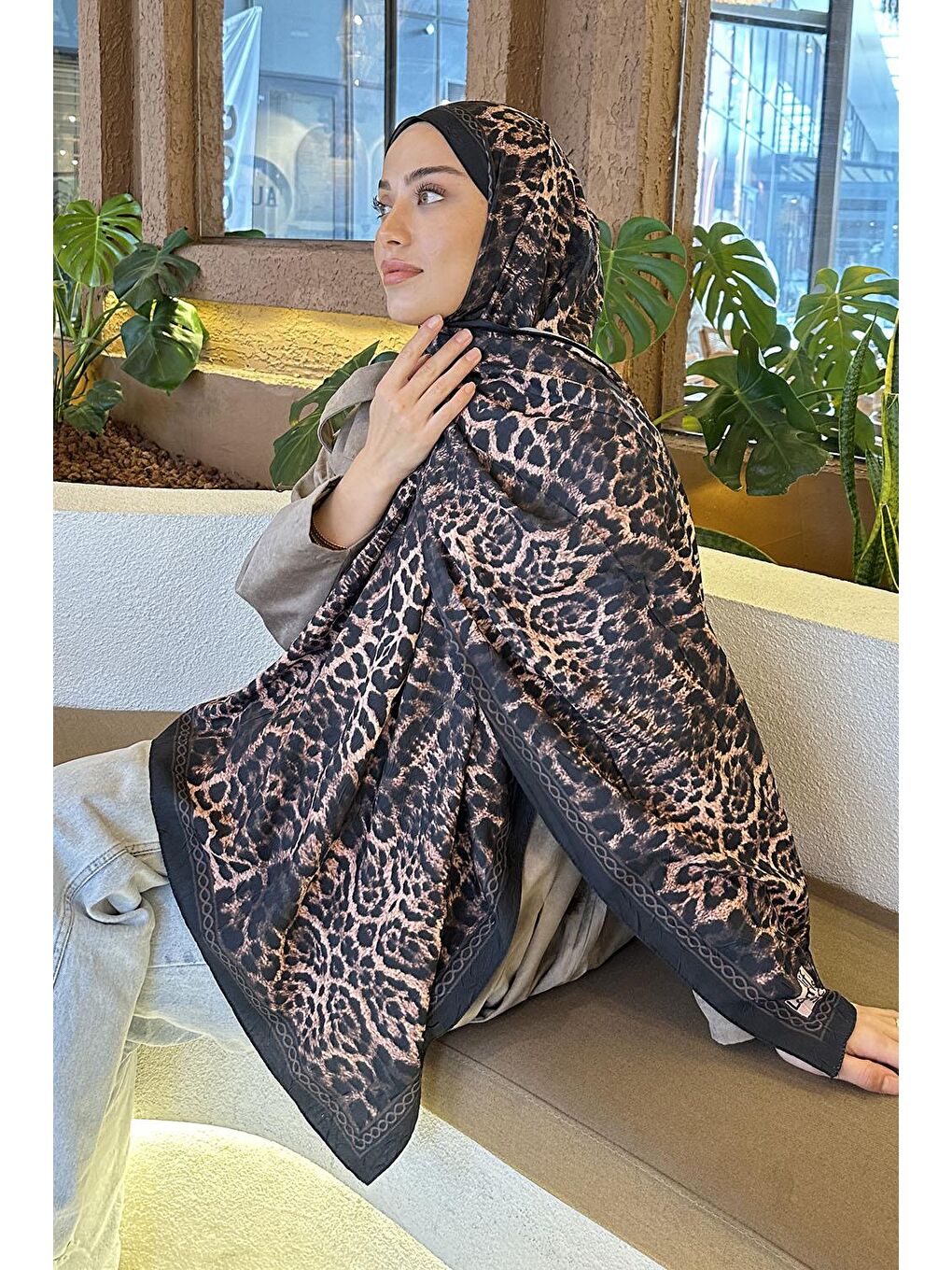 Leopar Desen Bambu Şal Siyah Kahverengi-2