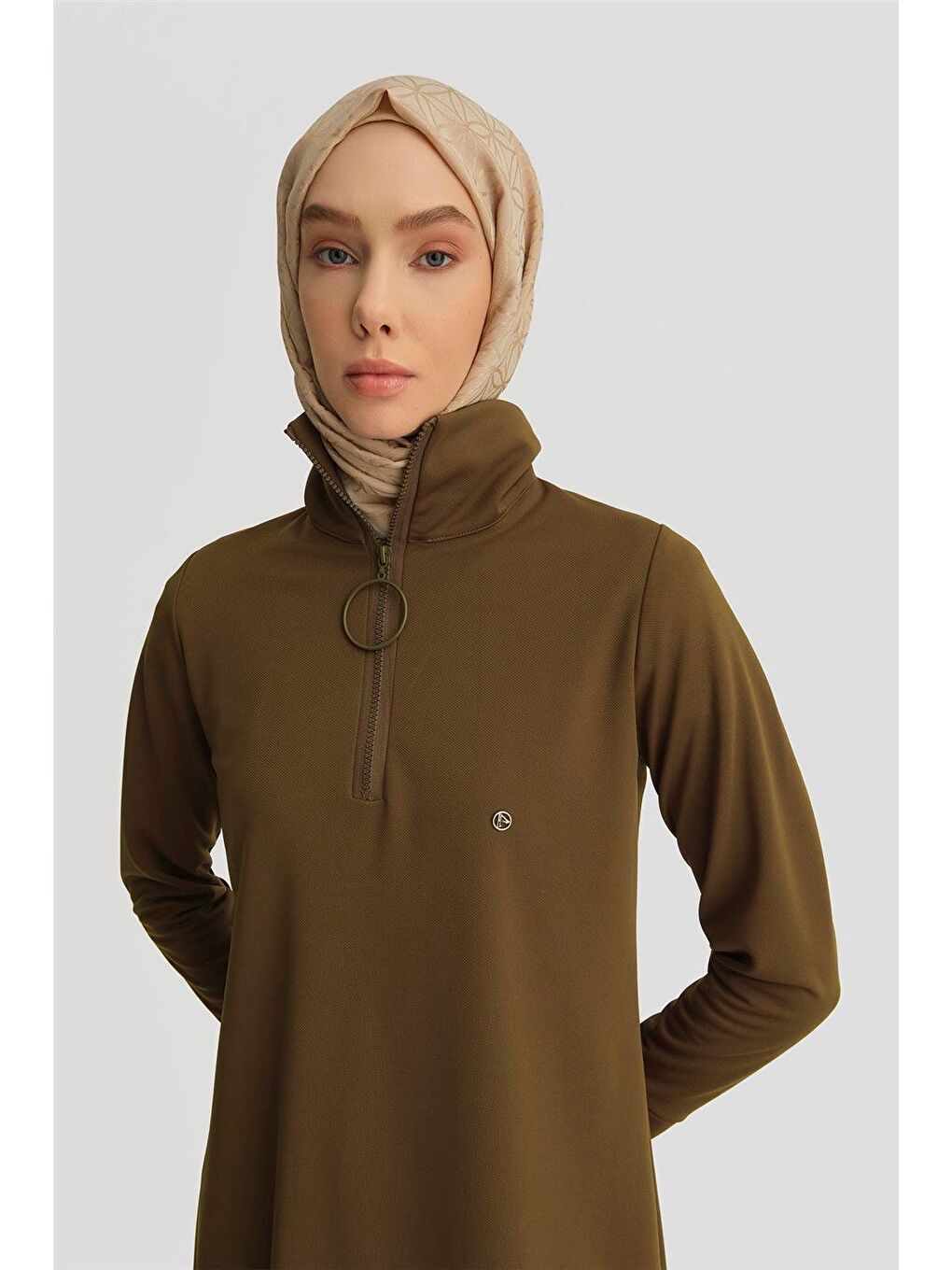 Fermuarlı Dik Yakalı Tesettür Sweatshirt Tunik 25Ytd436 Yağ Yeşili-3