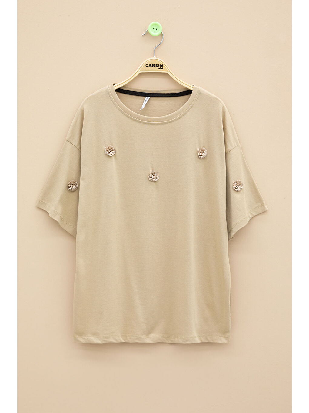 Bej Gül Nakış Detaylı Kısa Kol Kız Çocuk Oversize Tişört 20807