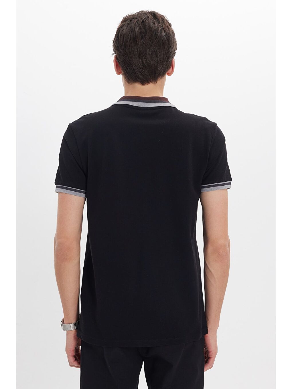 Erkek Slim Fit Dar Kesim %100 Pamuk Düz Pike Yaka Ve Kol Detaylı Siyah Polo Yaka Tişört-6