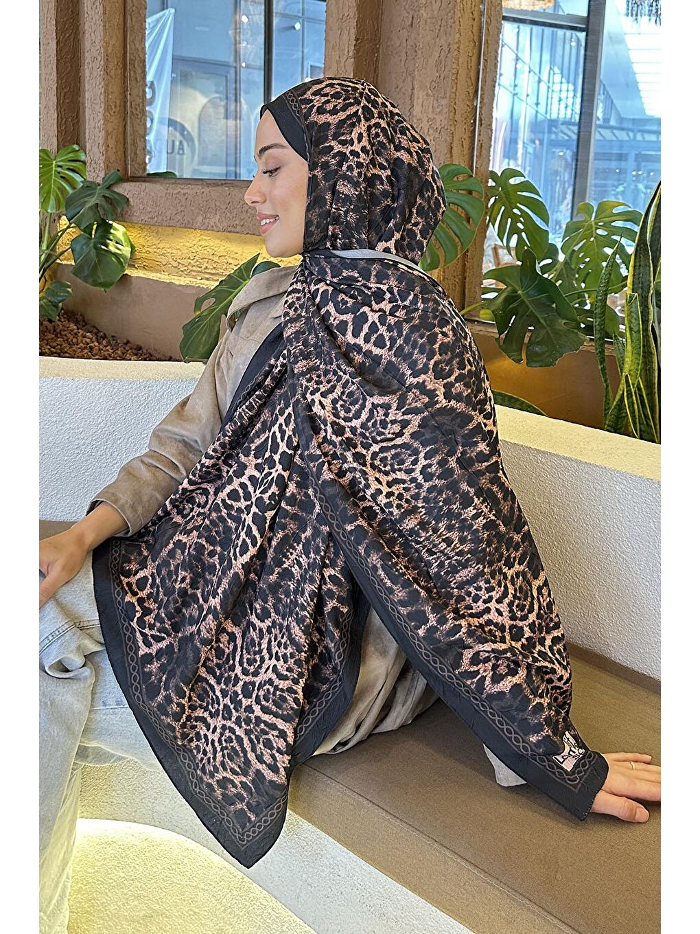 Leopar Desen Bambu Şal Siyah Kahverengi-3