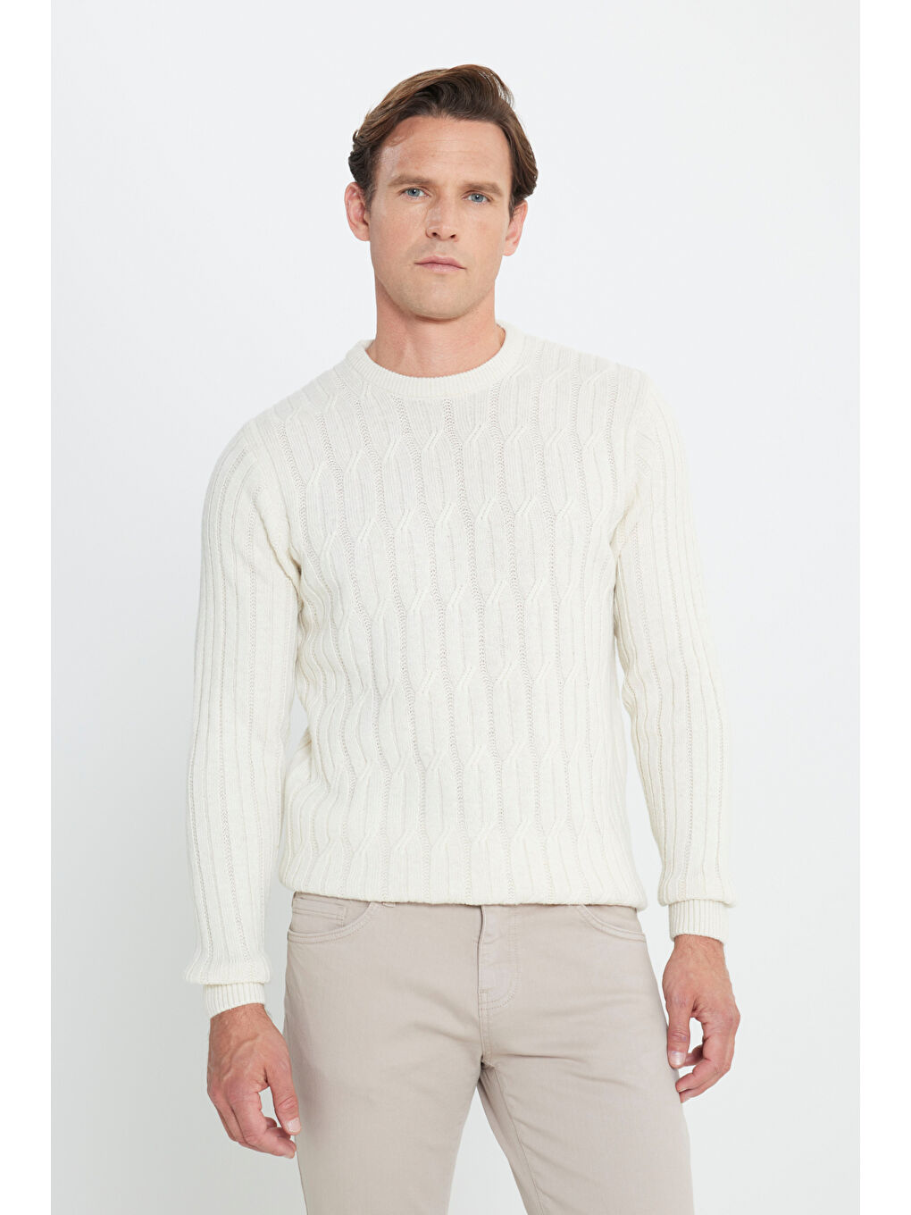 Erkek Ekru Standart Fit Normal Kesim Bisiklet Yaka Jakarlı Triko Kazak