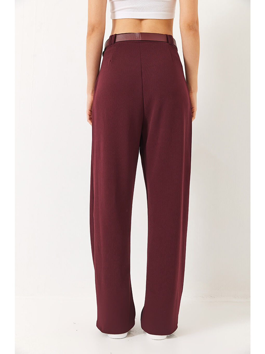 Bordo Kadın Çift Pile Detaylı Kemerli Örme Pantolon-6