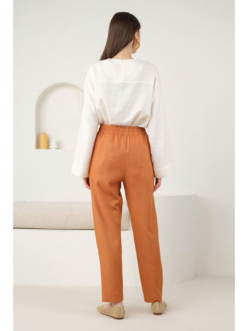 Turuncu Keten Havuç Pantolon Papaya-2