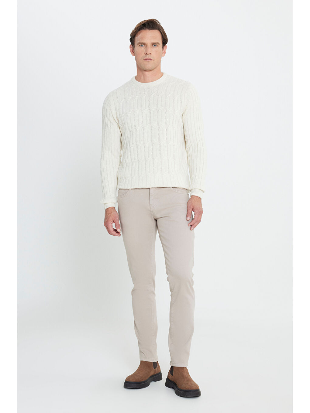 Erkek Ekru Standart Fit Normal Kesim Bisiklet Yaka Jakarlı Triko Kazak-1