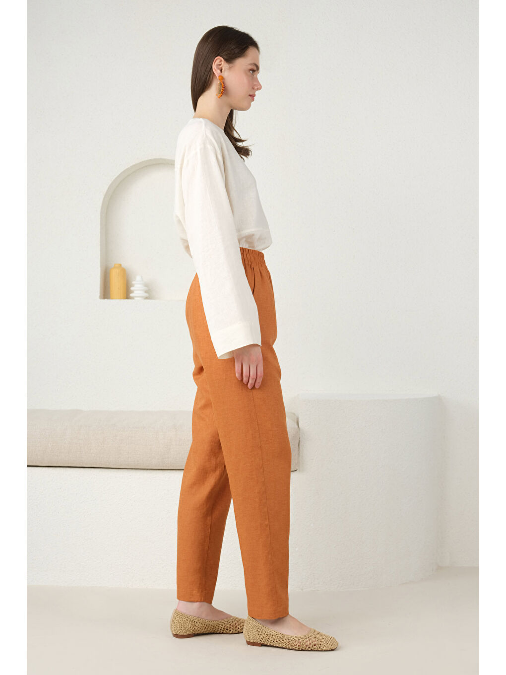 Turuncu Keten Havuç Pantolon Papaya-3