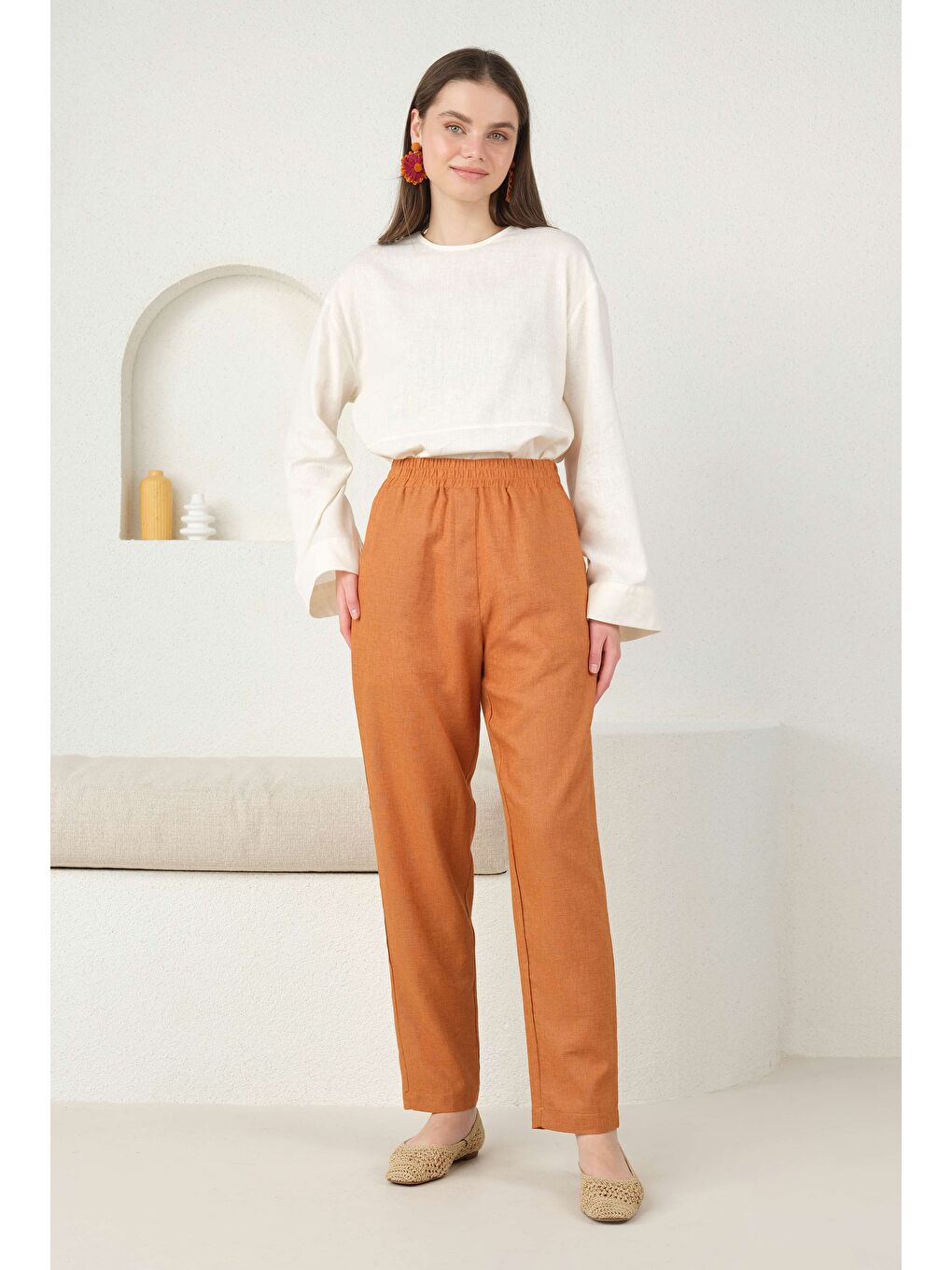 Turuncu Keten Havuç Pantolon Papaya-4
