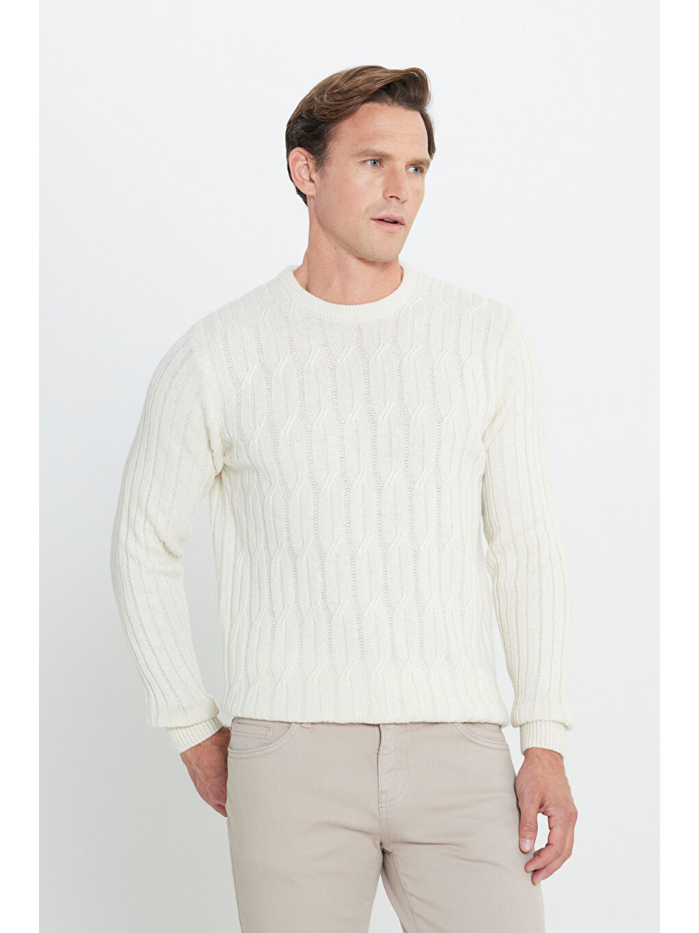 Erkek Ekru Standart Fit Normal Kesim Bisiklet Yaka Jakarlı Triko Kazak-2