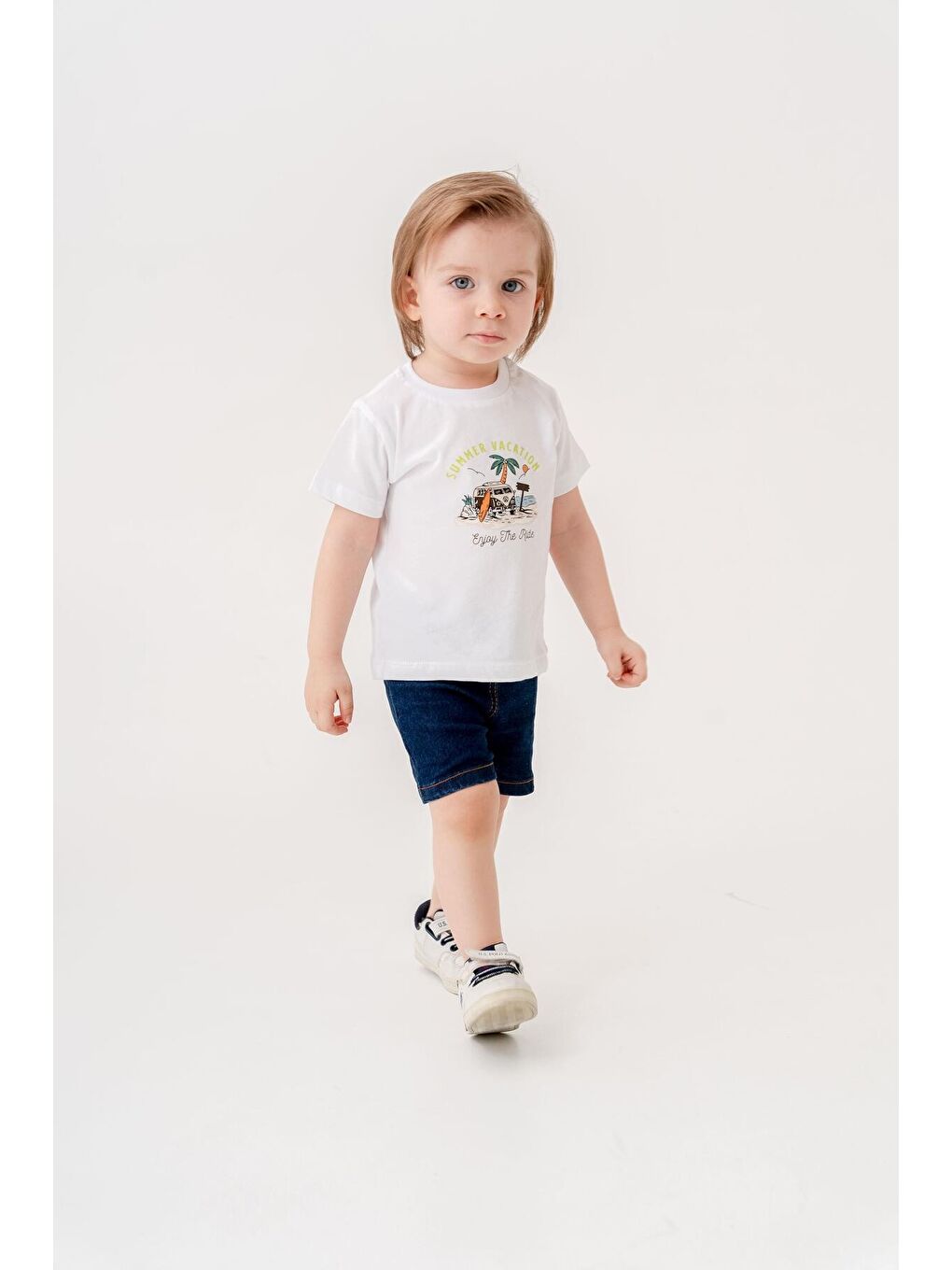 Mavi Tarz Gömlekli Çizgili Belden Ayarlanabilir Kısa Kollu Şortlu 3'lü Takım Bayramlık Düğünlük-1