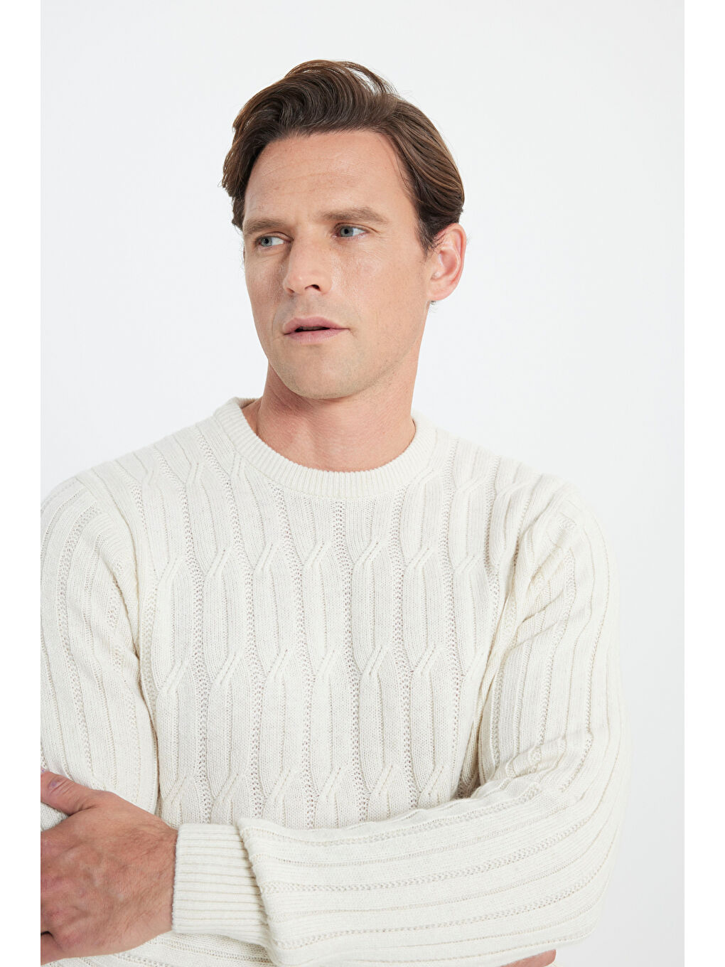 Erkek Ekru Standart Fit Normal Kesim Bisiklet Yaka Jakarlı Triko Kazak-3