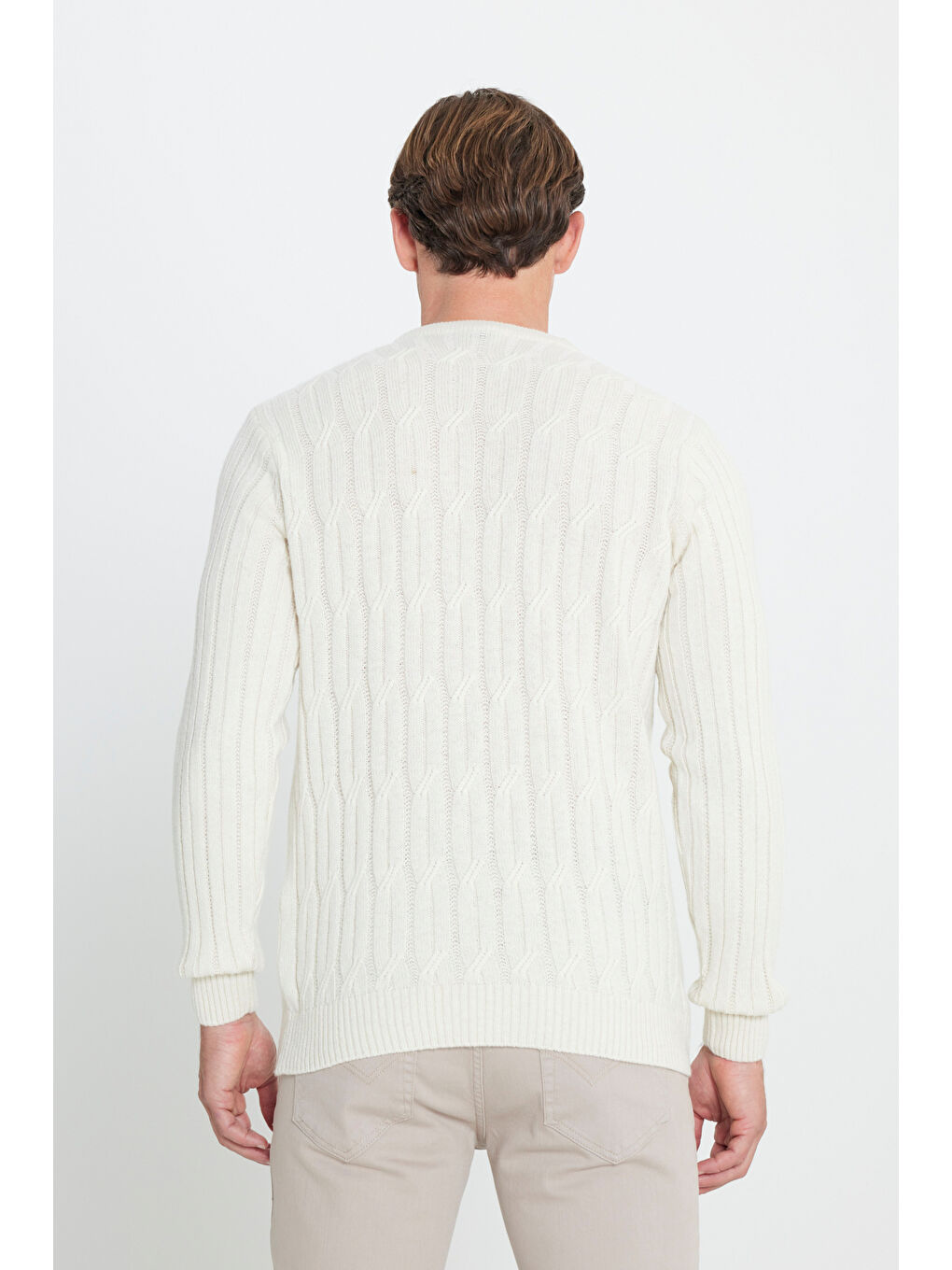 Erkek Ekru Standart Fit Normal Kesim Bisiklet Yaka Jakarlı Triko Kazak-4