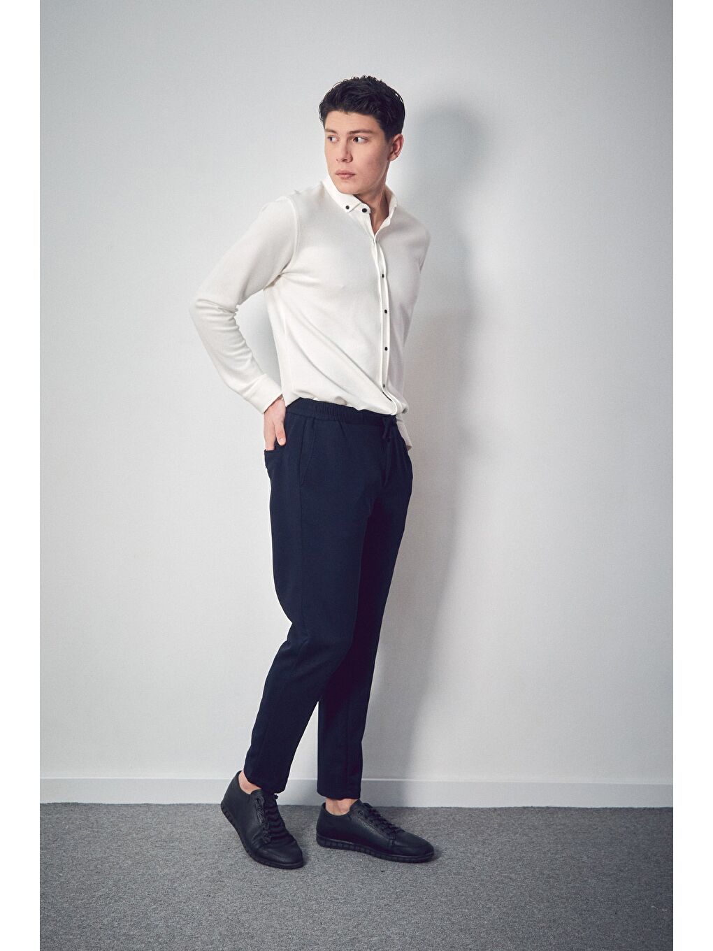 Lacivert Düğmeli Beli Lastikli Straight Erkek Pantolon