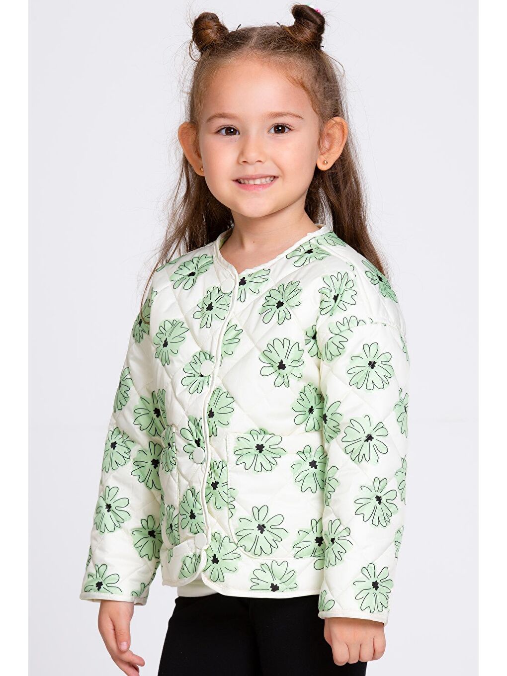 Kız Çocuk Yeşil Çiçek Desenli 1-6 Yaş Mont - 23238-4-1