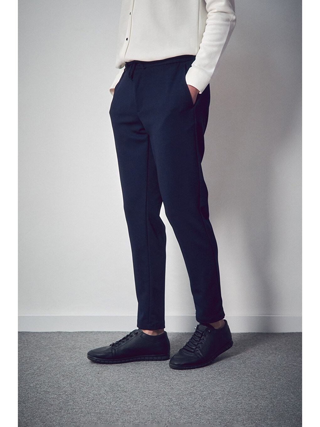 Lacivert Düğmeli Beli Lastikli Straight Erkek Pantolon-1