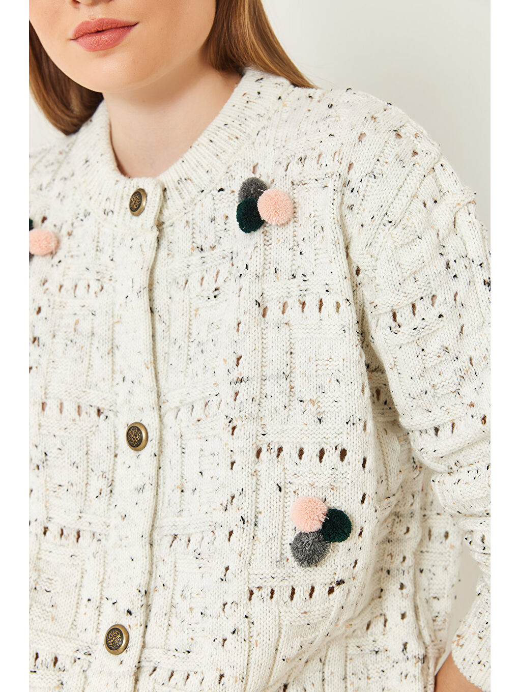 Ekru Kadın Ponponlu Desenli Triko Hırka-4