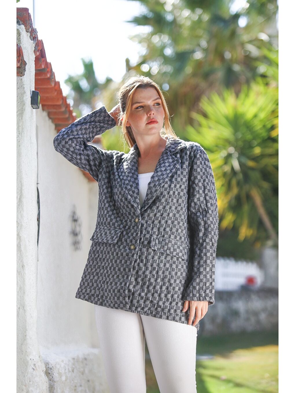 İtalyan Antrasit Ceket Yaka Uzun Kol Ekose Düğmeli Kapitone Dokuma Ceket 82 60-3