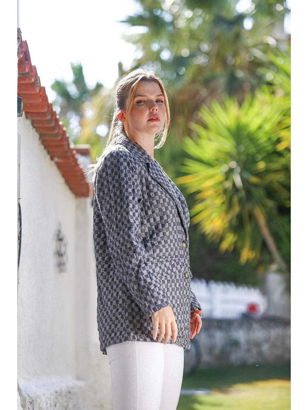 İtalyan Antrasit Ceket Yaka Uzun Kol Ekose Düğmeli Kapitone Dokuma Ceket 82 60-4