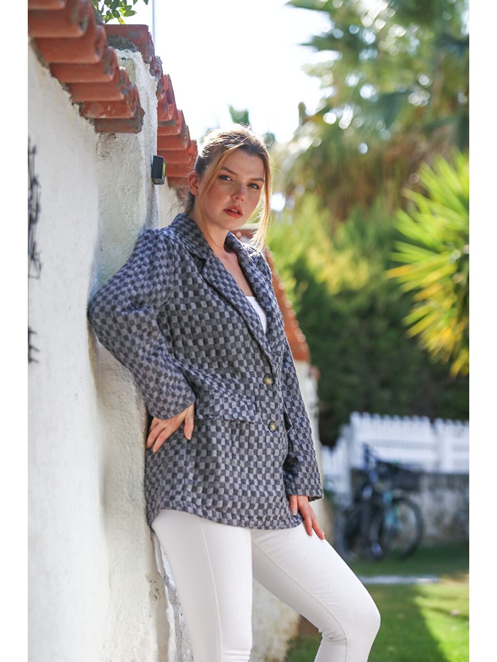 İtalyan Antrasit Ceket Yaka Uzun Kol Ekose Düğmeli Kapitone Dokuma Ceket 82 60-5