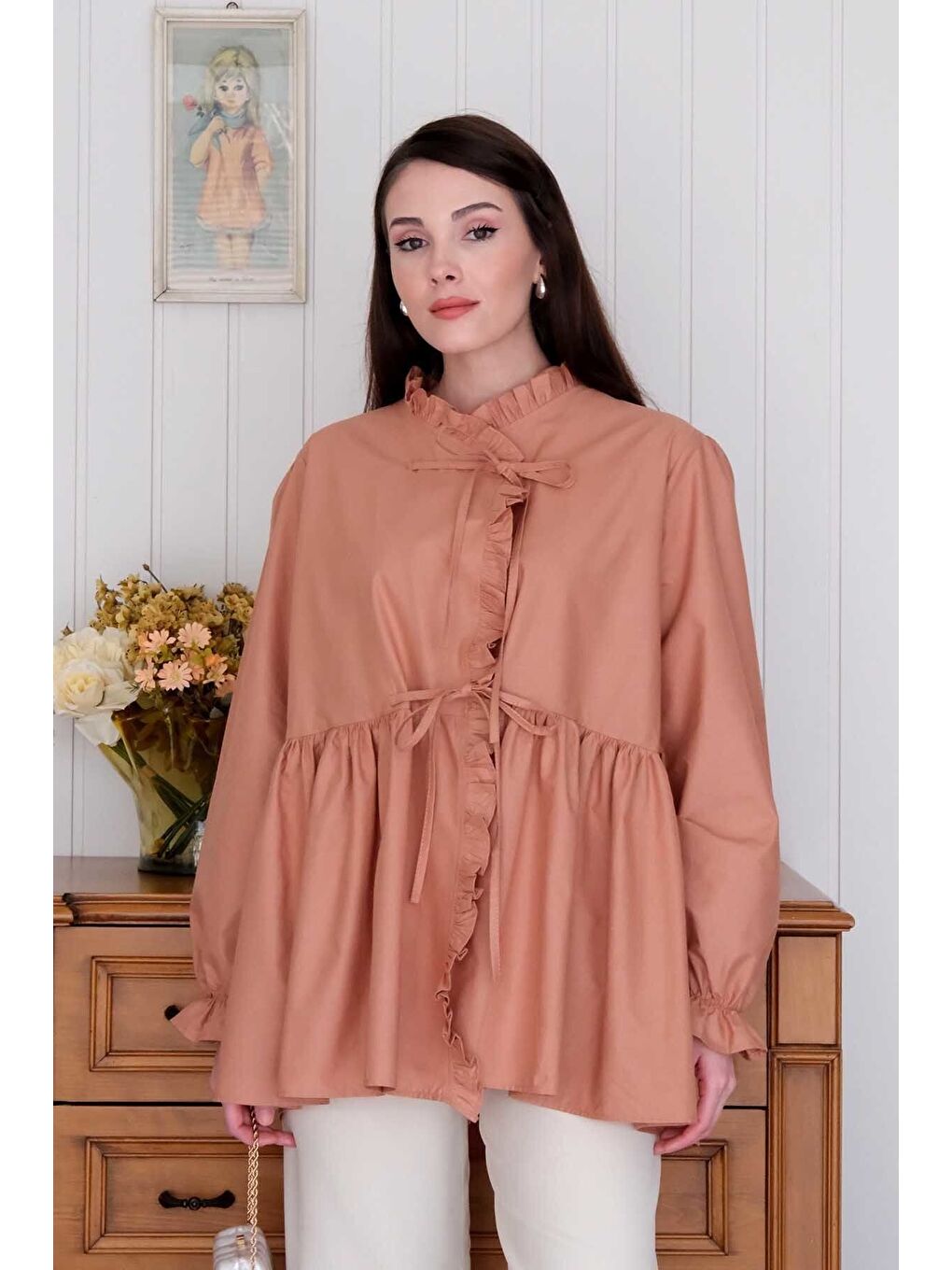 Pembe Somon Fırfırlı Bağlamalı Tunik