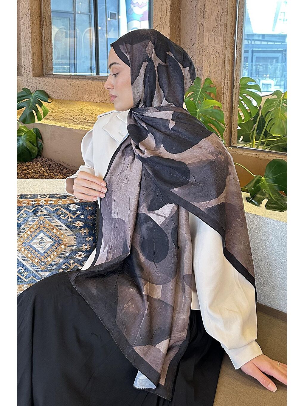 Yaprak Desen Bambu Şal Siyah Kahverengi-3