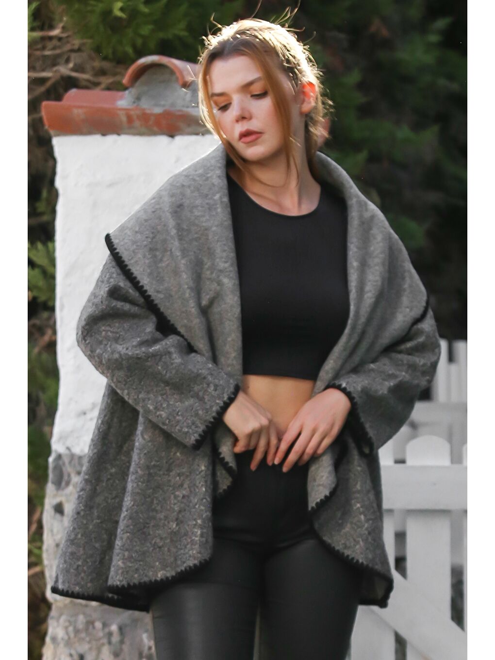 İtalyan Gri Şal Yaka Uzun Kol Kapamasız Çoban Dikişli Oversize Dokuma Ceket 77 66