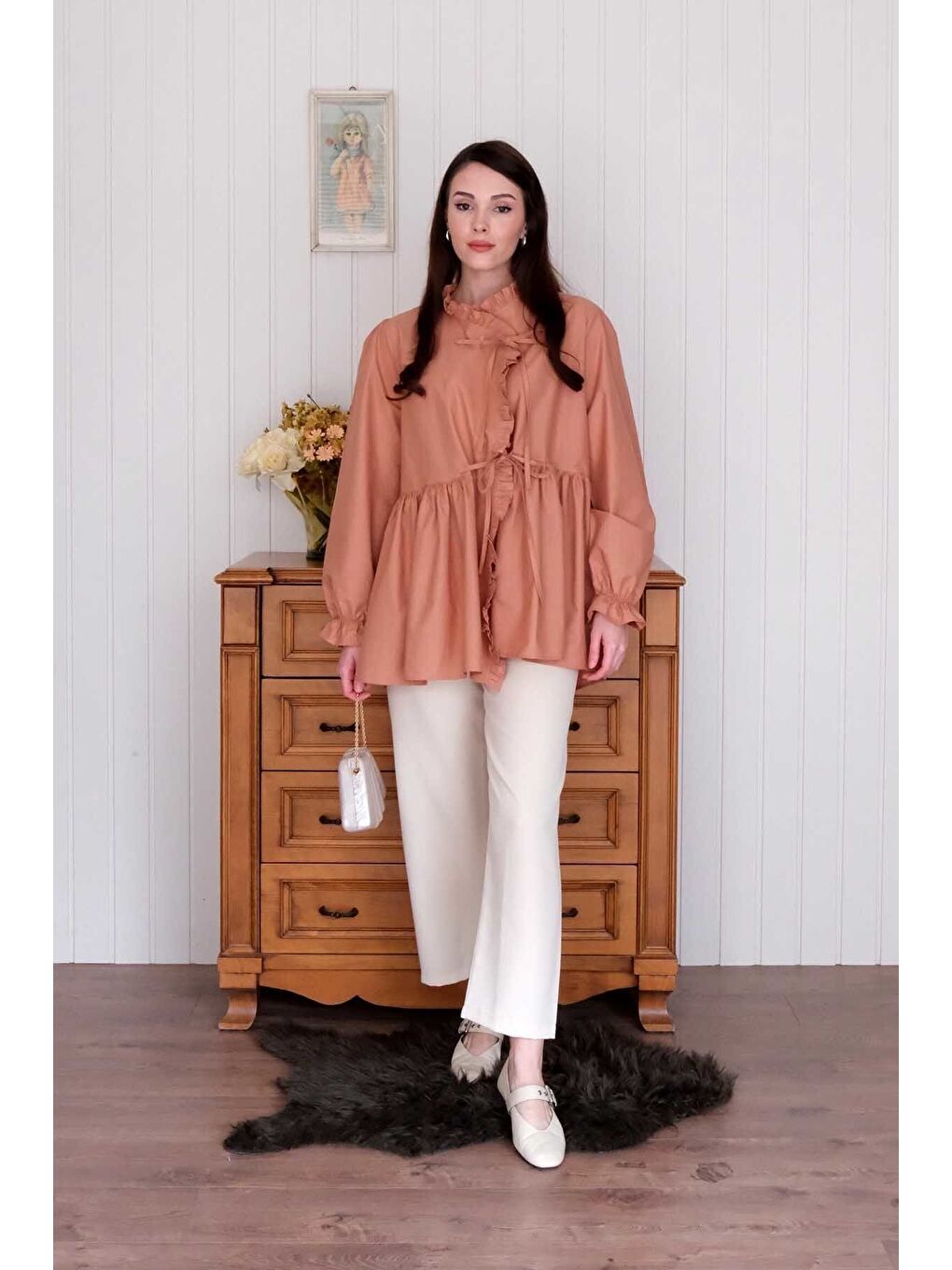 Pembe Somon Fırfırlı Bağlamalı Tunik-1