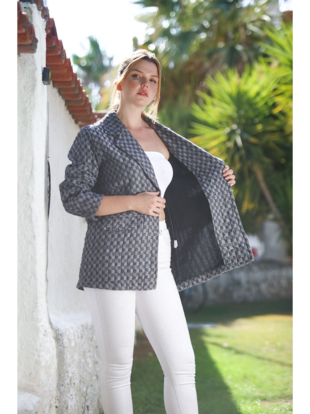 İtalyan Antrasit Ceket Yaka Uzun Kol Ekose Düğmeli Kapitone Dokuma Ceket 82 60-7