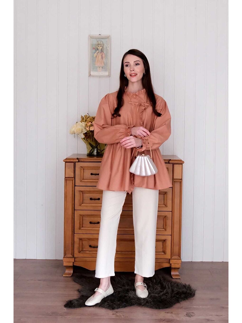 Pembe Somon Fırfırlı Bağlamalı Tunik-2