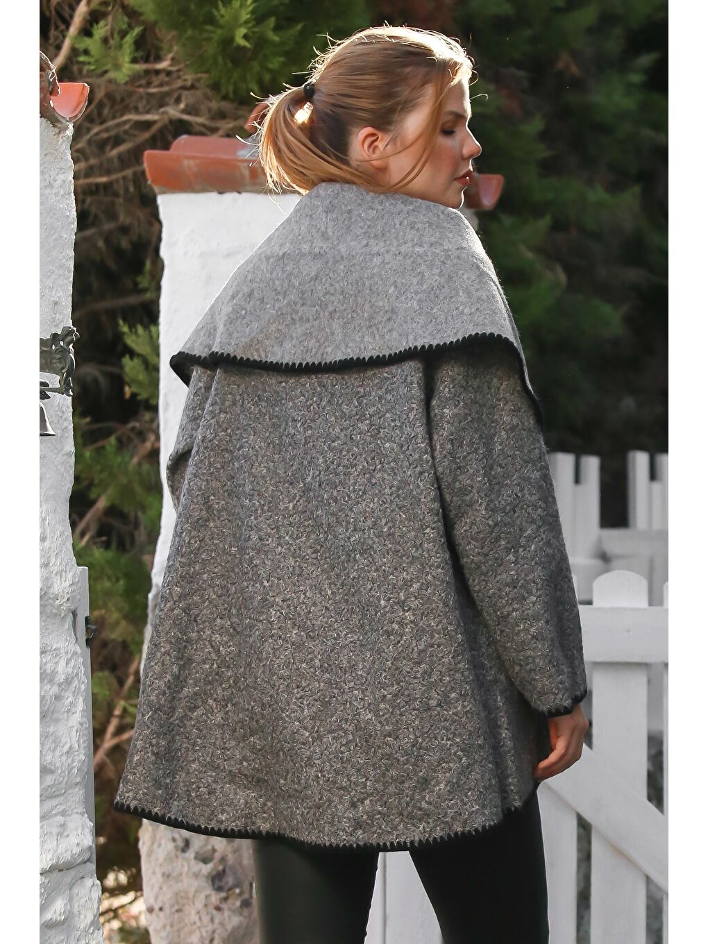 İtalyan Gri Şal Yaka Uzun Kol Kapamasız Çoban Dikişli Oversize Dokuma Ceket 77 66-1